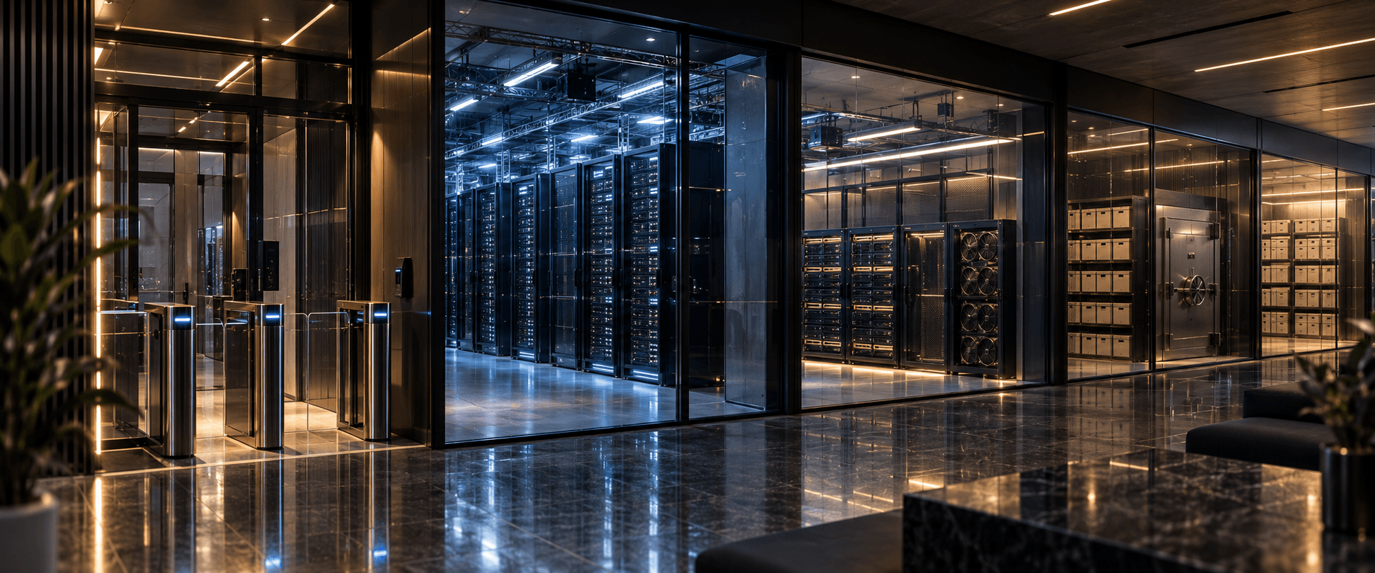 A secure building seen through glass: turnstiles at the entrance, a hall of server racks, a row of fan-cooled racks, and a vault beside an archive of sealed boxes.